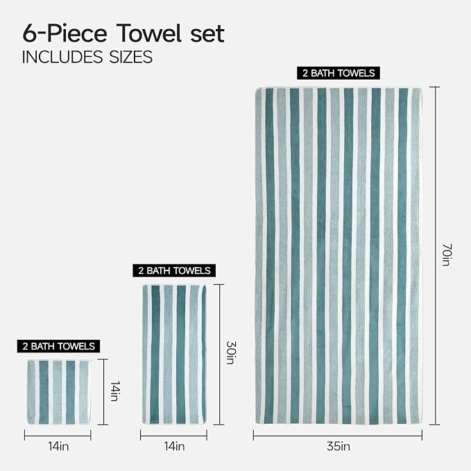 REDKISS 6-Piece Microfiber Bath Towel Set, Ultra Soft, Highly Absorbent & Quick Dry, 35x70 Inch Oversized, Green Towels for Bathroom, Spa, Gym, 2 Bath 2 Hand 2 Washcloths