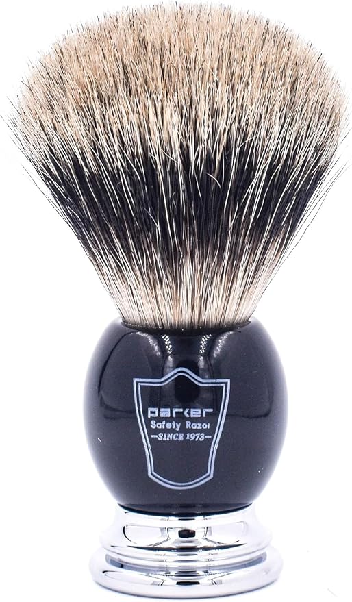 Parker Pure Badger Shaving Brush with Stand – Black & Chrome Handle, 22mm Knot | Rich Lather for Soap & Cream | Handcrafted Wet Shaving Brush for Men | Premium Grooming Tool
