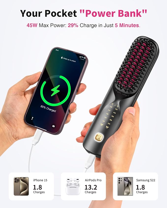 Bopcal Cordless Hair Straightener Brush, Upgraded Rechargeable Portable Hair Straightening Brush for Travel, 300M Anti-Frizz Negative Ions Straightening Comb, 30s Fast Heating, for Women & Men