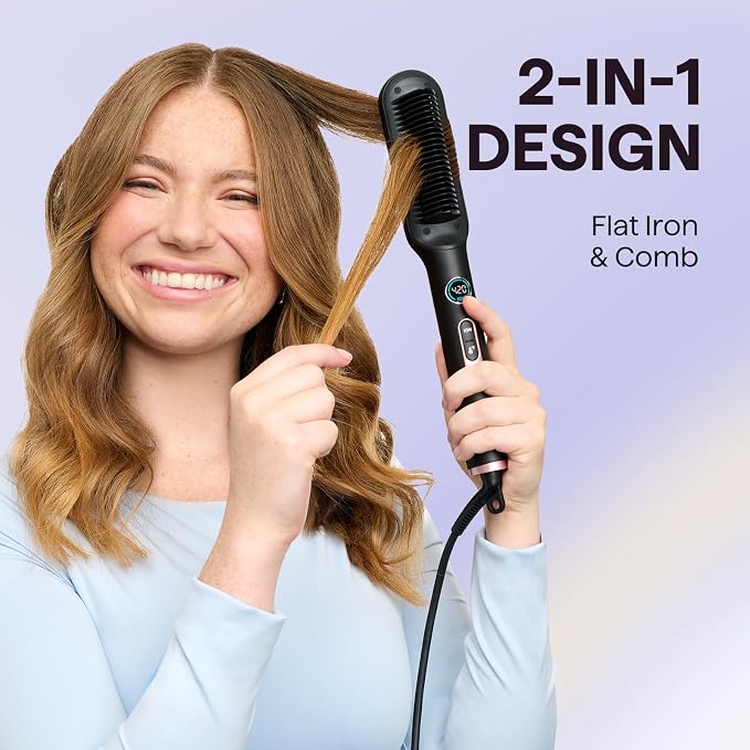 Wavytalk Hair Straightener Brush, Sleek Sweep Ionic Straightening Brush, Anti-Scald Ceramic Straightener Comb with LED Display for Super Smooth Hair, Dual Voltage, Rose Gold.