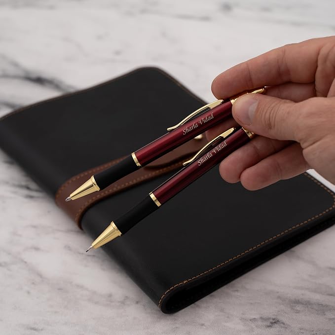 Dayspring Pens Monroe Pen and Pencil Set, Red Lacquer with Gold Trim, Custom Engraved — Graduation, Anniversary, Retirement, or Business Gift