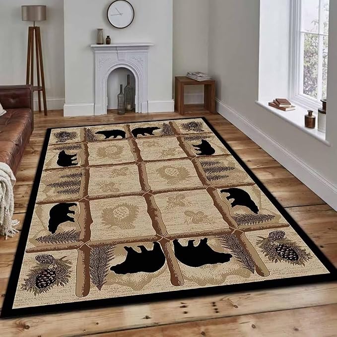 Vintage Rustic Lodge Rectangular Area Rug for Dining Room Non-Slip Black Bear Print Carpet Home Decor Multicolor Pine Cone Patchwork Rugs Mat 4'x6'