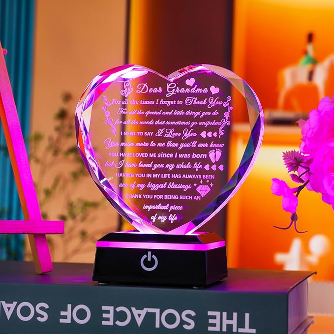 Arikyrist Grandma Birthday Gifts with Colorful LED Base Meaningful Crystal Heart Gifts for Grandma from Grandkids Great Gift Ideas for Grandmother on Mothers Day Valentine Thanksgiving