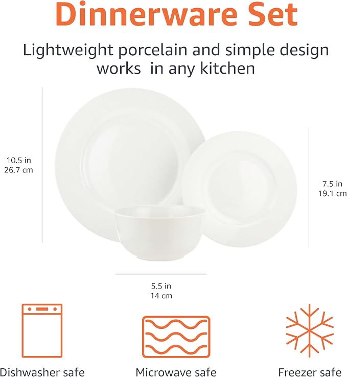 Amazon Basics Porcelain Dinnerware Set, Microwave and Dishwasher Safe, Service for 6, 18-Piece, Plates, Bowls, White