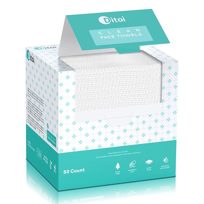 Ditoi Face Towels XXL, Ultra‑Soft Disposable Facial Towels | 10"×12" Thick Face Cloths for All Skin Types, Lint-free Dry Wipes for Skincare, Makeup Removal and Cleansing, 50 Count