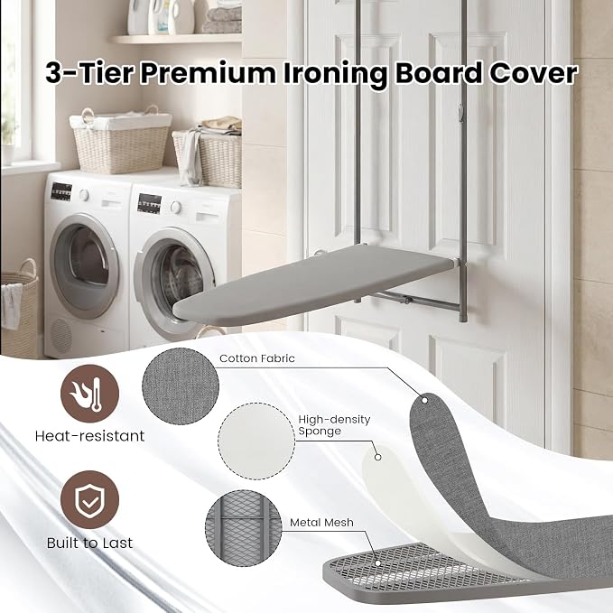 COSTWAY Over the Door Ironing Board, Space-Saving Metal Hanging Iron Board | Iron Holder & Cotton Cover, Compact Fold Down Iron Stand for Home, Apartment, Laundry Room, Dorm (35"L x 17"W x 47"H)