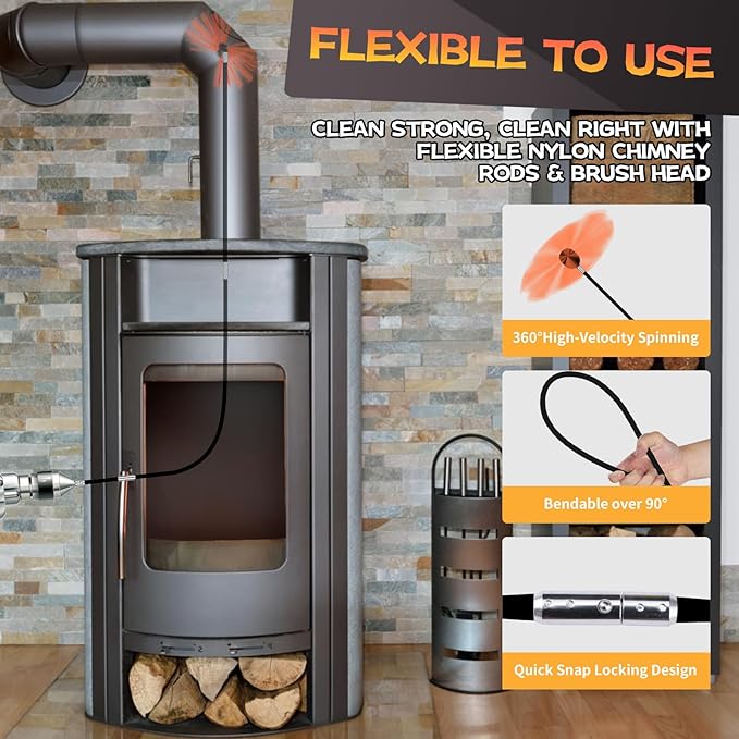 30 Feet Chimney Sweep Kit, Chimney Cleaning Kit with 9 Flexible Black Chimney Rods, Chimney Brush for Sweeping Fireplace, Rotary Chimney Cleaning System Driven by Drill