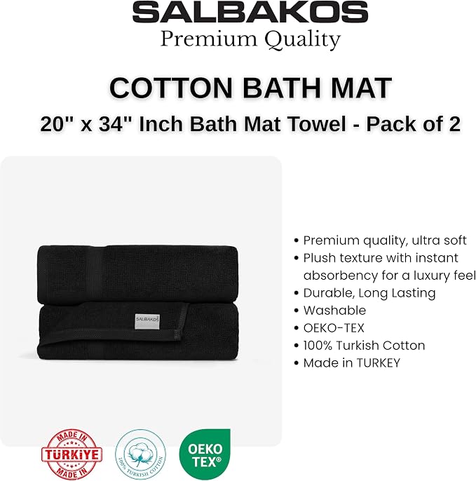 SALBAKOS 2-Piece 100% Turkish Cotton Bath Mat Towel, 20x34 inch, Black | Bathroom Floor Towels, Thick Soft Most Absorbent Quick-Dry Durable Large Size Foot Rug, Premium Hotel Quality Made in Turkey