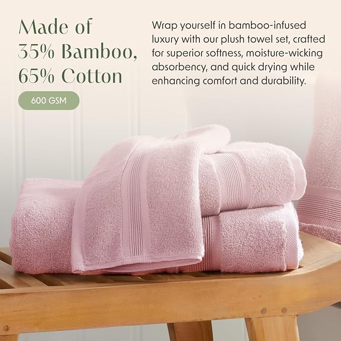 Springtree Home Luxury Bamboo Rayon Bath Towel Set | 6-Piece Set | Pink | 35% Bamboo Rayon - 65% Zero Twist Cotton | Absorbent Quick-Dry Towels for Bathroom | Ultra Soft | OEKO-TEX Standard 100