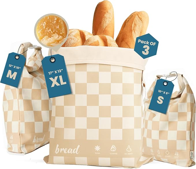 3-Pack Premium Reusable Beeswax Bread Bags for sourdough (XL, M, S) | 100% Organic Cotton, Secure Lock Closure, Freezer-Safe, Bread Storage, Breathable & Freshness Support, Eco-Friendly Bread Bag