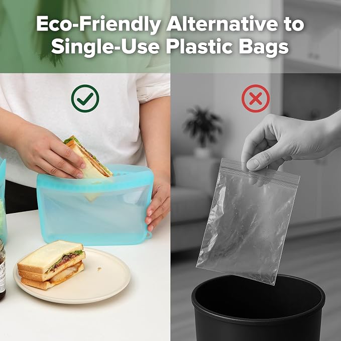 Haakaa Dot Seal Reusable Silicone Food Storage Bags, 2 Pack- Silicone Leakproof Freezer & Sandwich Snack Bags, BPA Free Food Containers, Microwave & Dishwasher Safe, Turquoise (16oz, 33oz)