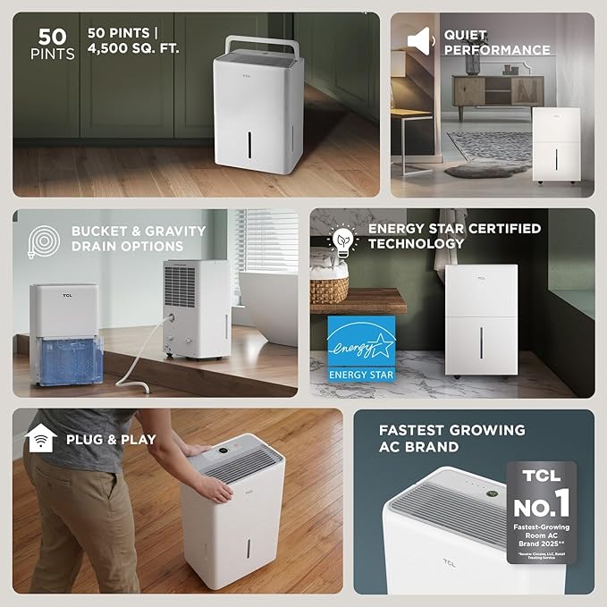 TCL 50-Pint Capacity Quiet, Energy Efficient Portable Dehumidifier, Precise Humidity Control, Bucket or Continuous Drain, Compact Humidity Absorber for Home, Attic, Garage & Rooms up to 4500 Sq Ft
