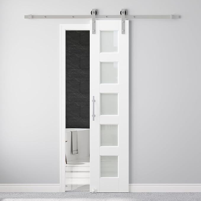 18" x 80" Pre-Assembled Barn Door and 6FT Sliding Door Hardware Kit Included & Handle, 5-Lite Frosted Glass White Sliding Barn Door for Closet Bathroom Bedroom, Solid & Water-Resistant MDF, Paintable