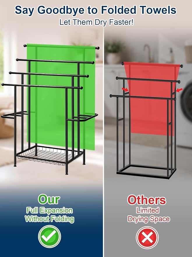 Haturi 4-Tier Free Standing Towel Rack for Bathroom, 45.3" H Black Metal Towel Drying Rack, 18.1" W with Storage Basket, Outdoor Pool Towel Holder for Oversized Towels & Blankets