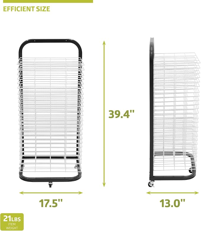 Pearington 25-Shelf Mobile/Wall Mountable Art Drying Rack for Art Studios & Classrooms, 13" D x 17.5" W x 39.4" H, Black/White