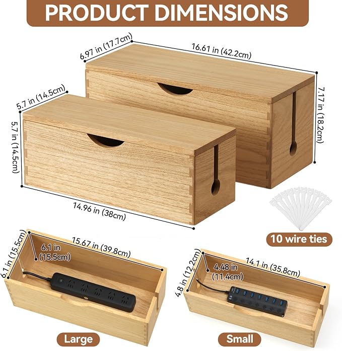 KIRIGEN Wooden Cable Management Box Set of 2, Cord Organizer, Natural | Large and Small Solid Wood Boxes with Removable Lids for Power Strips, Chargers, Routers, and Desks Home Office