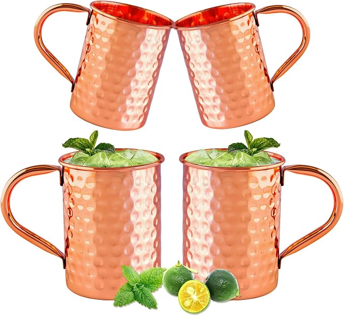 UNISWEET Moscow Mule Pure Copper Mugs - Set of 4-100% Pure Copper Hammered coffee cup, Perfect For Wine, Beer, Cold Drink, Bar, Party, Gifts (Square Copper Mugs)