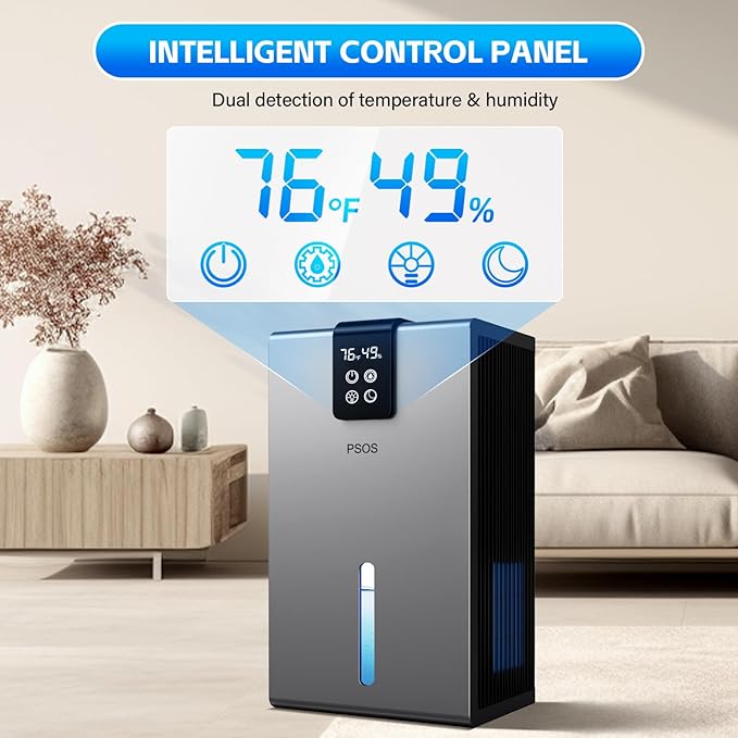 PSOS Dehumidifier, Dehumidifiers for Home, 98 OZ Water Tank, (1000 sq.ft) Quiet Dehumidifier for Basement Bathroom Bedroom with Humidity Display, Auto Shut Off, Relaxing 7 Color Ambient Light(Gray)