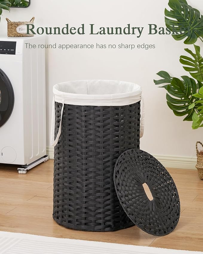 SETVSON Large Laundry Hamper Laundry Basket Round 130L, Black | Decorative PE Rattan Furniture Look for Bedroom, Round Laundry Hamper, Removable Liner Bag, 2 Mesh Bags, Handles