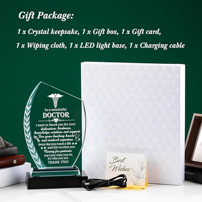 Movdyka Doctor Appreciation Gifts Crystal Plaque with Light Base Thank You Doctor Gifts for Women Men Best Doctors Day Retirement Birthday Chtistmas Thanksgiving Appreciate Plaque Decor Gift