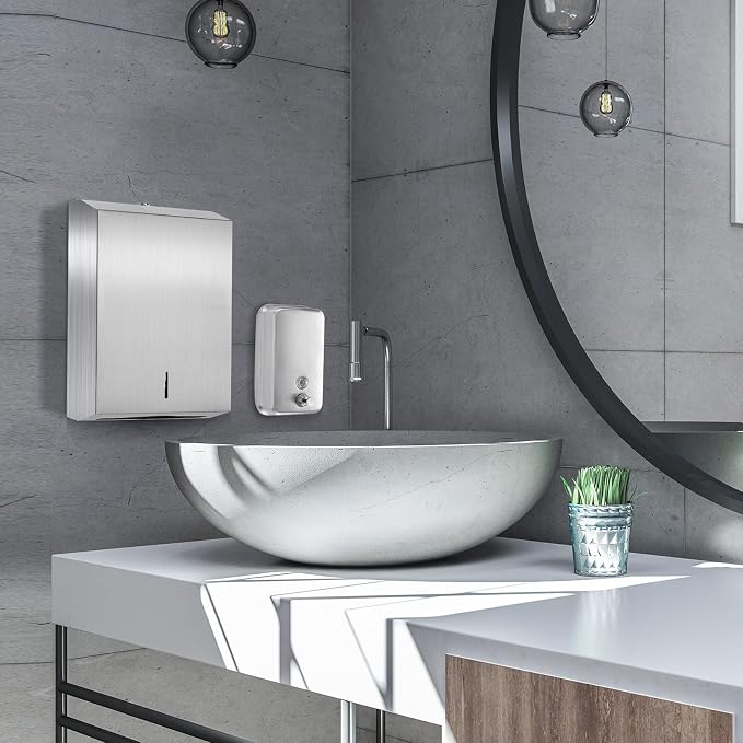 3 Pcs Commercial Toilet Paper Dispenser and Soap Dispenser Set-Stainless Steel,Wall Mount,Large Capacity Manual Liquid Pump Rust Proof Leak Free for Home Bathroom