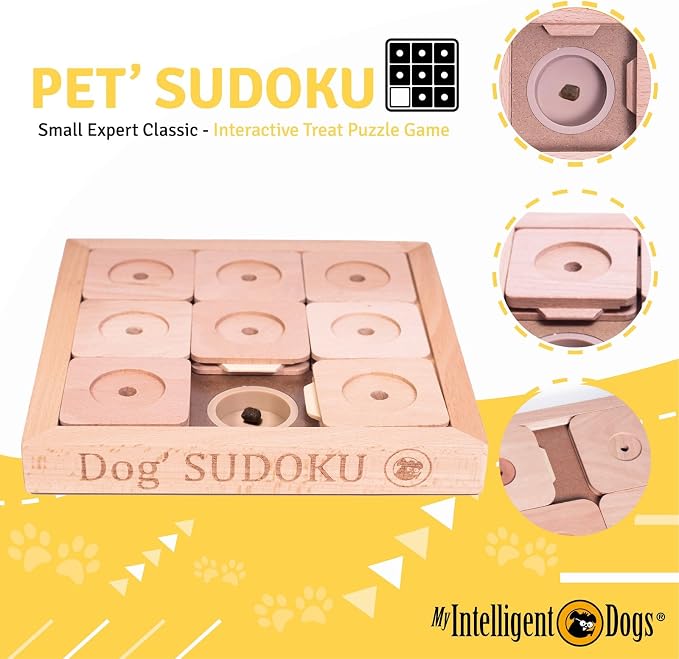 Interactive Wooden Sudoku Puzzle for Cats and Small Dogs - Expert Brain Pet Toy - 9 Treat-Hiding Holes, Small All-Wood Design