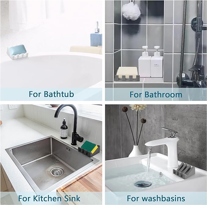 Self Draining Soap Dish Holder,Silicone Soap Dish,for Bathroom,Kitchen, Sponges，Can Extend Soap Life，Keep Soap Bars Dry and Easy Cleaning (Grey,1-Pack)