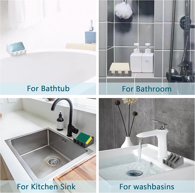 Self Draining Soap Dish Holder,Silicone Soap Dish,for Bathroom,Kitchen, Sponges，Can Extend Soap Life，Keep Soap Bars Dry and Easy Cleaning (Light Grey,2-Pack)