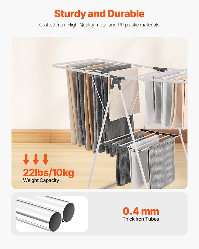 VEVOR Clothes Drying Rack, 2-Tier Foldable Laundry Dryer Rack with Sock Clips & 21 Drying Rods, Metal Height Adjustable Drying Racks for Outdoor & Indoor, Free-Standing & Space-Saving Hanger, White