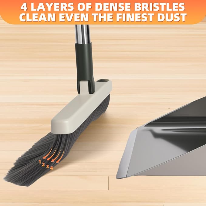Broom with Dustpan Combo Set, Heavy Duty Standing Metal Dust Pan with Teeth, Indoor Outdoor Up for Home Kitchen Lobby Room Office, Green