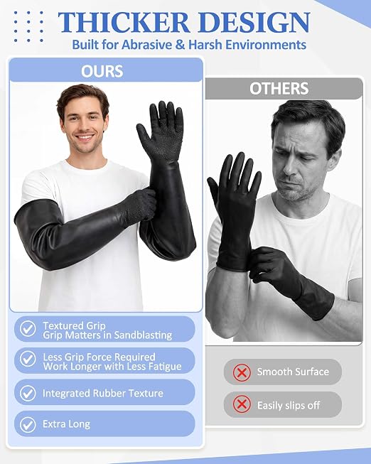 Maxcheck Heavy Duty Sandblasting Cabinet Gloves 26.8 Inch Rubber Sandblast Gloves with Non-slip Particle Grip for Blasting(Particles Style)