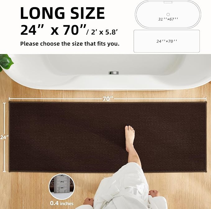 TYUU Bathroom Runner Rugs, Long Bath Mat Runner Washable Thin Quick Dry Low Pile Bathroom Runner Rugs Non Slip, Brown 24"x70"