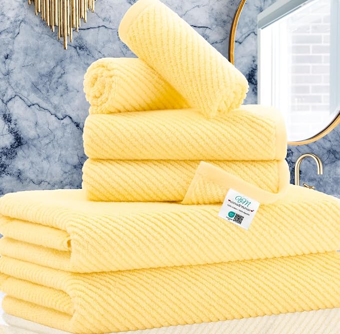 VOOVA & MOVAS 6PC Towel Set, 100% Cotton, Lemon Yellow | 2 Large Bath 30x56 In, 2 Hand 18x28 In, 2 Washcloths 13x13 In, Quick Dry, Thick, Soft, Towel Gift Set