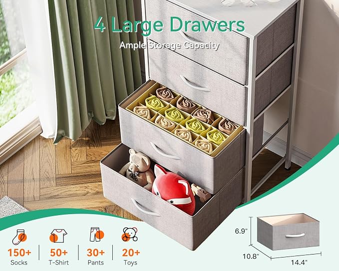 AODK Small Dresser for Bedroom with 4 Storage Drawers, Light Grey | Dressers Chest of Drawers Fabric Dresser with Sturdy Steel Frame, Dressers for Closet with Wood Top