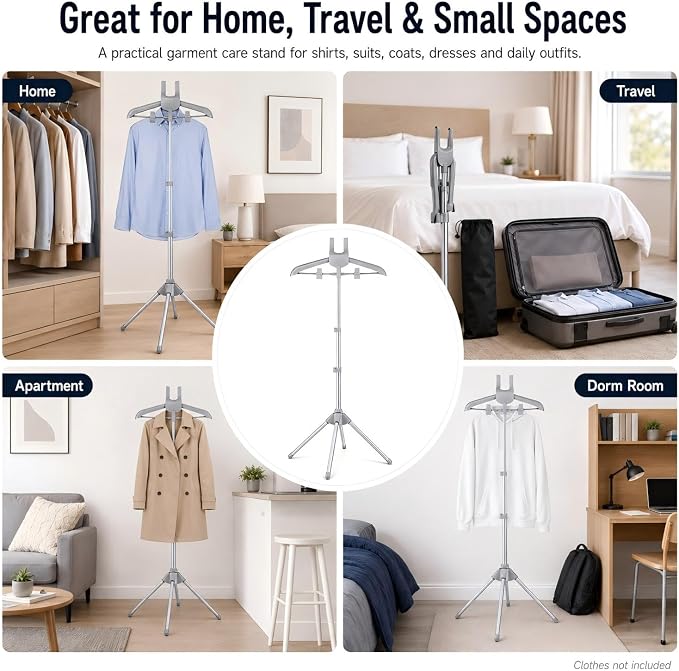 Foldable Garment Steamer Hanger Stand with Ironing Gloves, Adjustable Steamer Rack Included Lint Remover & Storage Bag, 2 Clips&Portable Ironing Board for Suits Shirts Coats Portable Travel Home Use