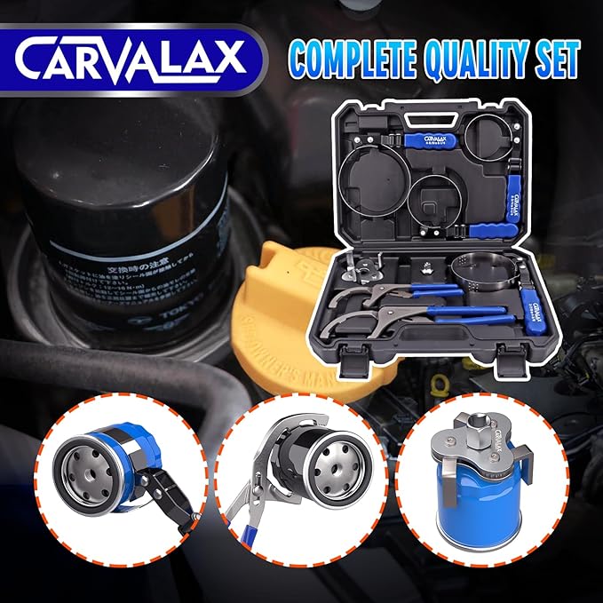 CARVALAX 8PCS Oil Filter Wrench Set – Stainless Steel Swivel Wrenches (1-3/4”to 5-1/4”), 9” & 12” Adjustable Pliers, Universal 3-Jaw Remover with Adapter, Organized in Storage Case for Auto Repair