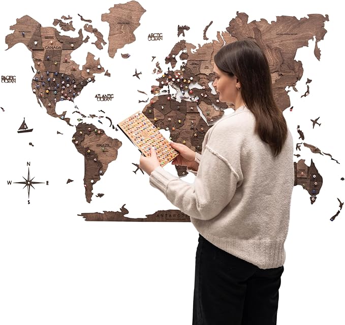 ENJOY THE WOOD 3D Wood World Map Wall Art Large Wall Décor - World Travel Map - Any Occasion Gift Idea - Wall Art for Home & Kitchen or Office (Medium, Dark Walnut)