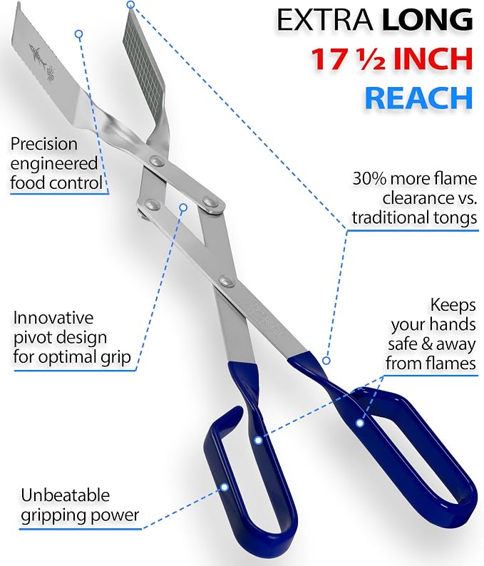 Grill Tongs - 17 inch (Blue) Steak Tongs. Professional kitchen and outdoor grilling utensil. Long reach Barbeque Grilling Tong. Ideal for steak, fish, burger, and sausage