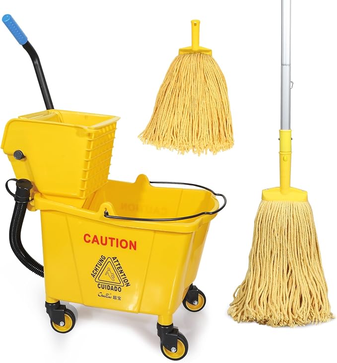 35-Quart Commercial Mop Bucket Set with Wringer on Wheels, Yellow | Mop And Bucket Set for Floor Cleaning , Including Commercial Mop and Mop Head Replacement