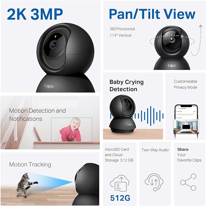 Tapo 2K Indoor Pan/Tilt Wired Security Camera - Works as a Baby Monitor & Pet Camera, Motion Detection, 2-Way Audio, Siren, Night Vision, No-Subscription Local Storage or Optional Cloud, C211 (2-Pack)