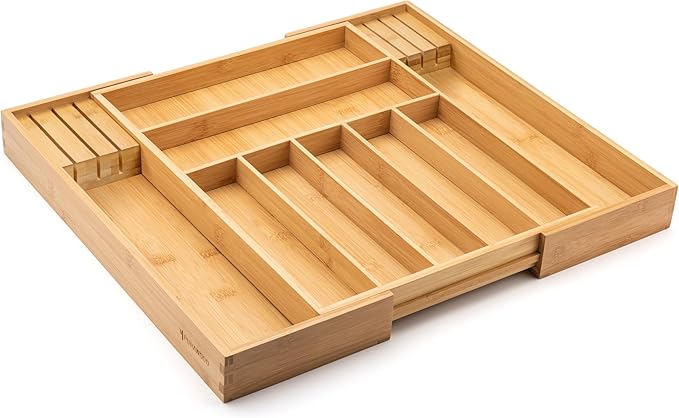 Purawood Bamboo Drawer Organizer with Knife Blocks - Silverware Organizer & Utensil Drawer Organizer, Cutlery Tray with Dividers, 7-9 Slots- Premium Kitchen Organizer for Utensils & Flatware (Natural)
