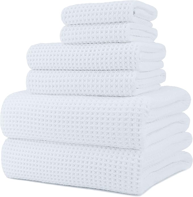 POLYTE 430 GSM Microfiber Quick Dry Lint Free Oversize Bath Towel Set, 6 Piece (Waffle Weave)