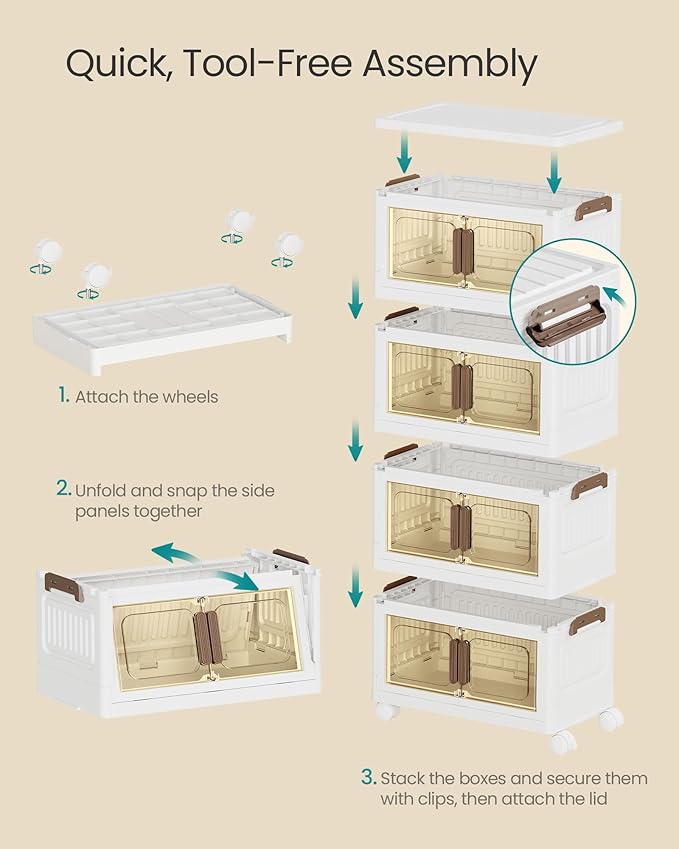 SONGMICS 26QT Plastic Storage Bins with 1 Lid, 4-Tier Stackable Bins with Doors and Wheels, Foldable Storage Boxes, for Closets, Bedroom, Living Room, Office, White URLB445WZ01