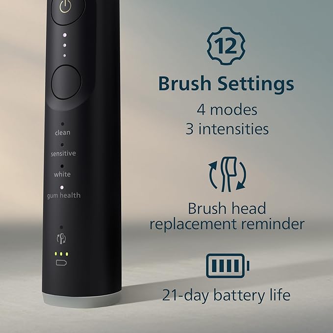 Philips Sonicare 7300 Series Electric Toothbrush - Next-Generation Sonicare Technology, Pressure Sensor, 12 Brushing Settings, SmarTimer, BrushPacer, 21-Day Runtime, Travel Case, Black, HX7421/07