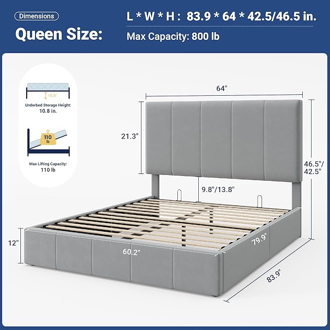Allewie Queen Size Velvet Lift Up Hydrualic Storage Bed Frame, Grey | Vertical Channel Tufted Headboard, Hydrualic Underneath Storage, Upholstered Platform Bed, No Box Spring Needed