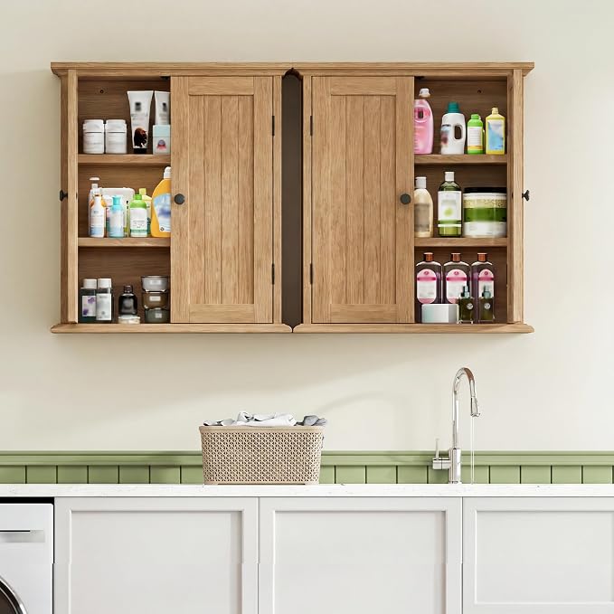 ChooChoo Bathroom Wall Cabinet, Over The Toilet Space Saver Storage Cabinet, Medicine Cabinet with 2 Door and Adjustable Shelves, Cupboard, Natural