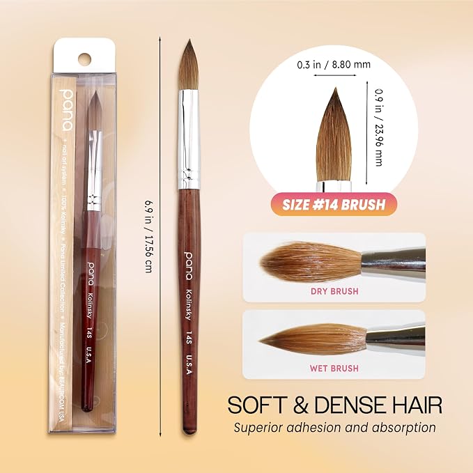PANA 100% Pure Kolinsky Hair Bristles Acrylic Nail Brush Oval Crimped Shaped Mahogany Wood Handle Professional Salon Quality (Size 14)