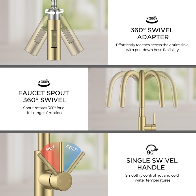 FORIOUS Kitchen Faucet with Soap Dispenser, Modern Brushed Gold, Single Handle High Arc Stainless Steel Kitchen Sink Faucet with Pull Down Sprayer, 1 or 3 Hole Deck Mount for RV, Laundry, Outdoor