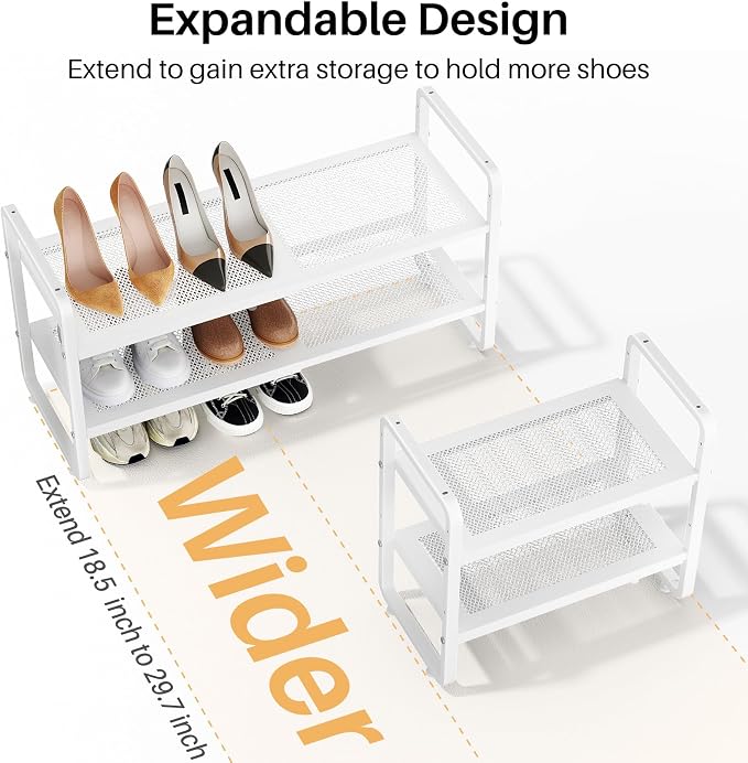 SNTD Shoe Rack - Expandable Shoe Organizer for Closet, Adjustable Metal Shoe Shelf Storage, Stackable Long Shoe Stand Holder for Garage, Entryway, Door Entrance (White, 2-Tier)