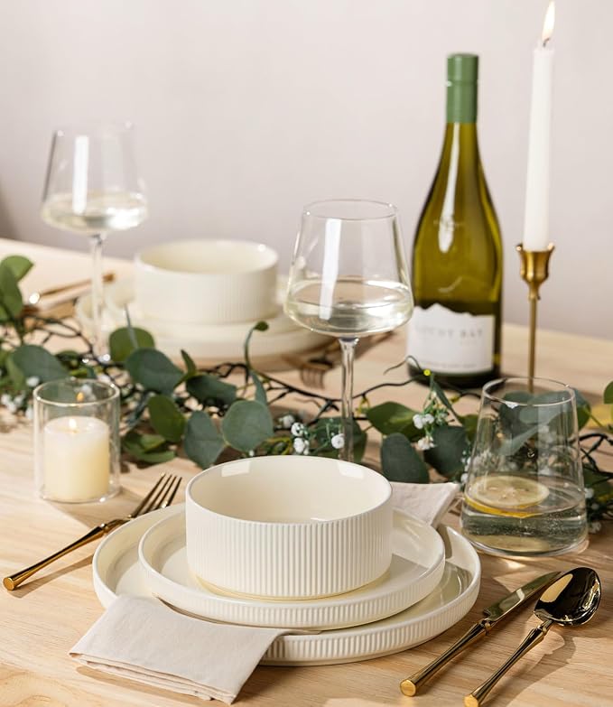 TheTerra Ceramic Dinnerware Sets with Pasta Bowls for 4, 16 Pieces Porcelain Lightweight Plates and Bowls Sets, Scratch Resistant Dish Set, Oven & Microwave & Dishwasher Safe, Beige